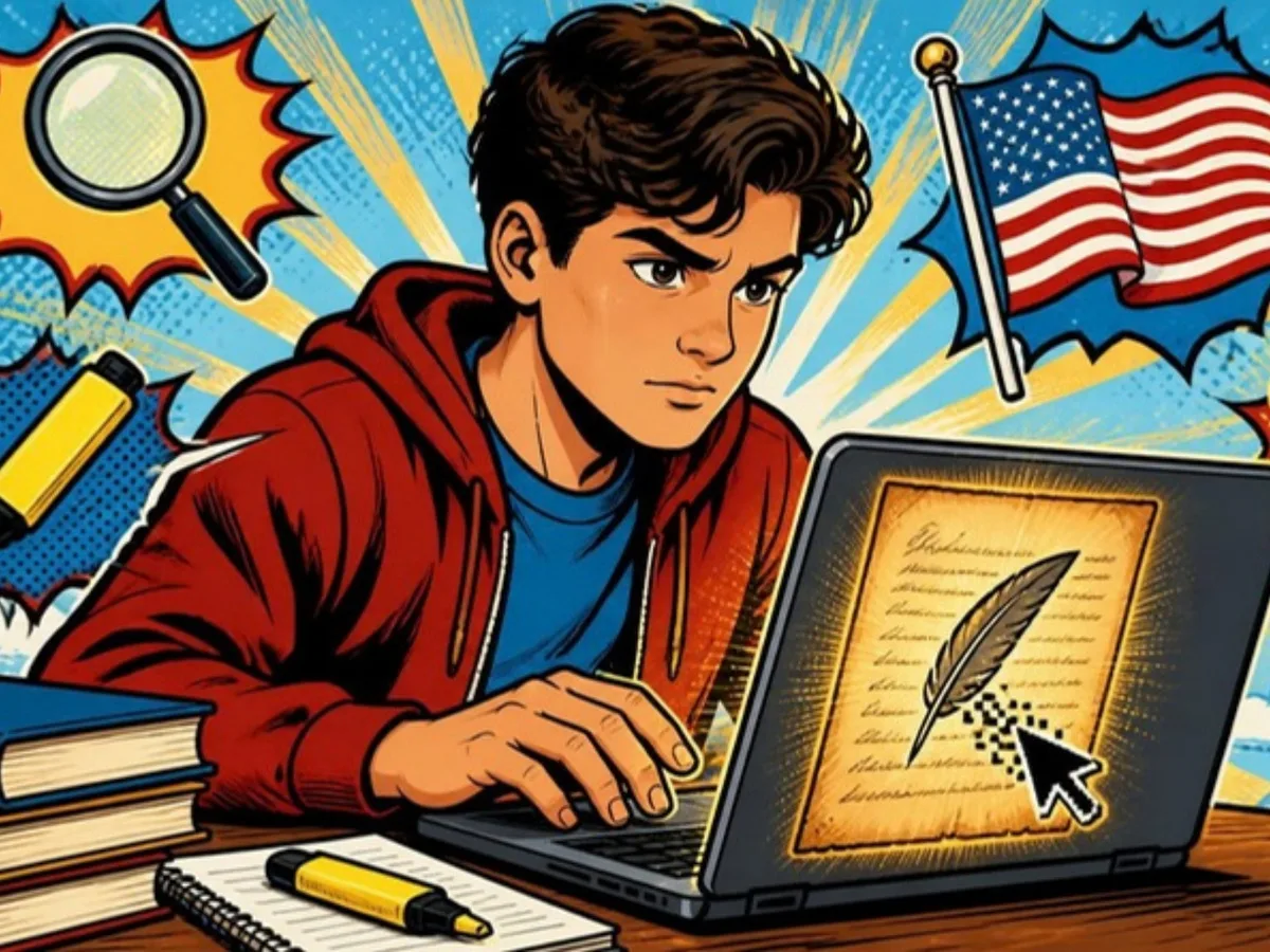 Illustration of a student analyzing historical documents on a laptop screen for the digital APUSH DBQ exam